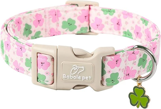 St Patricks Day Dog Collar for Giant Large Dogs - Cute Light Pink Shamrock Girl Dog Collars, Adjustable Irish Clover Puppy Collar with Quick Release Buckle XL
