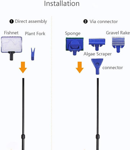 Aquarium Cleaning Tools Kit 5 In 1 Function for Long Deep Fish Tank, Adjustable Length Rod, Including Algae Scrape, Cleaning Sponge, 3.9" Small Fishnet, Gravel Rake, Plant Fork