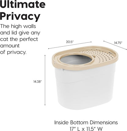 IRIS USA Top Entry Cat Litter Box, Large Enclosed with Litter Catching Lid and Scoop, Dog Proof, Cat Litter Box, White/Beige