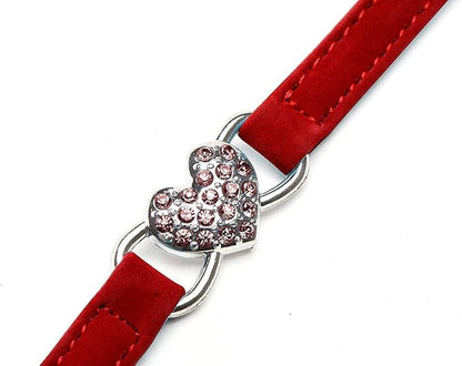 CHUKCHI Pink Soft Velvet Safe Cat Adjustable Collar with Crystal Heart Charm and Bells 8-11 Inches(Black+Red)
