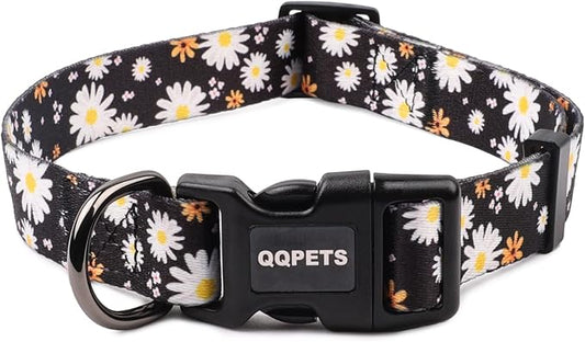 QQPETS Adjustable Soft Dog Collar: Print Flower Pink Multicolor Cute Patterns for XS Small Medium Large Pet Girl Boy Puppy Walking Running Training (L, White Daisy)