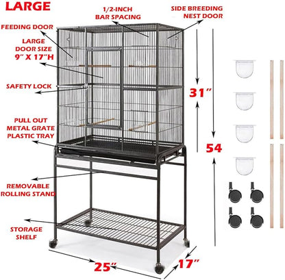 54" Large Wrought Iron Breeding Flight Canary Parakeet Cockatiel Lovebird Finch Cage Side Nesting Box Doors with Removable Rolling Stand