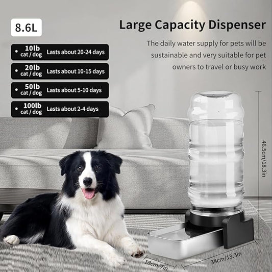 Marchul 2.3 Gallon Dog Water Dispenser, Large Dog Water Dispenser with Placemat and Stainless Steel Bowl, Automatic Gravity Pet Bowl for Dogs Medium to Large (8.6L + 3 Filters + Mat)