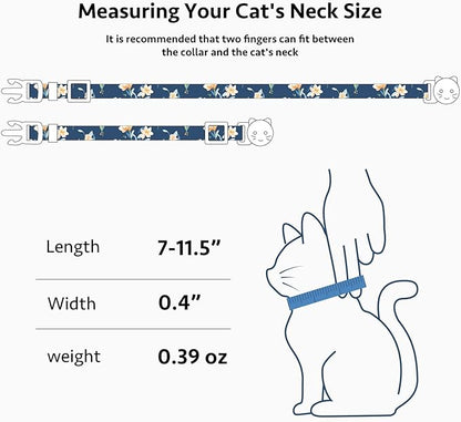 2 Pack Cotton Breakaway Cat Collar White and Blue Flowers Pendant Cute Kitten Cat Collar with Bell