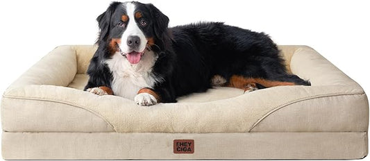 EHEYCIGA Orthopedic XXL Dog Bed for Large Sized Dog, 52x41x8 Inch Extra Large Memory Foam Dog Couch Bed with Sides, Waterproof Liner & Washable Removable Cover, Bolster Pet Sofa, Beige