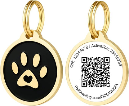 Pet Dwelling QR Code Pet ID Tag – Smart Dog & Cat ID Tags for Pet Safety, Free Personalized Online Profile, Instant Scan Alerts, AI Insights (Lux Gold Black Paw)