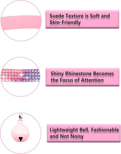 Cat Collars for Girl Cats with Rhinestone Soft Velvet,Breakaway Cat Collars with Bell,Adjustable Safe Kitten Collar (Pink)