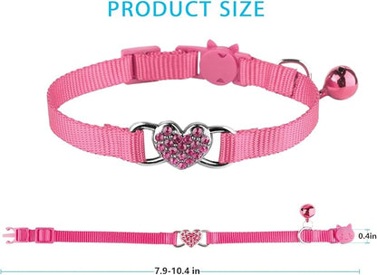 2 Pcs Cat Collars Heart Bling Breakaway with Bell Nylon Adjustable for Kitty (Pink+Purple)