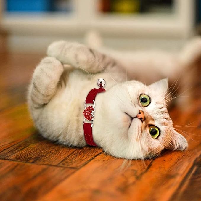 Heart Bling Cat Collar with Safety Belt and Bell Adjustable 8-10 inches for Kitten Cats (Black+Red)