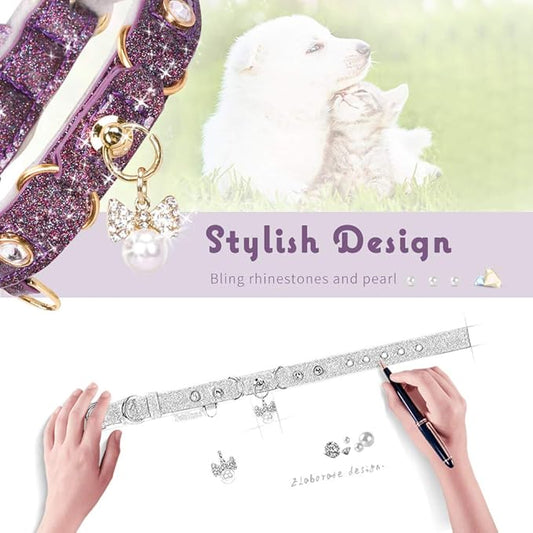 PetsHome Cat Collar, Dog Collar, [Bling Rhinestones] PU Leather Adjustable Pet Collar with Luxury Pendant for Cat and Small Dog Extra Small Purple