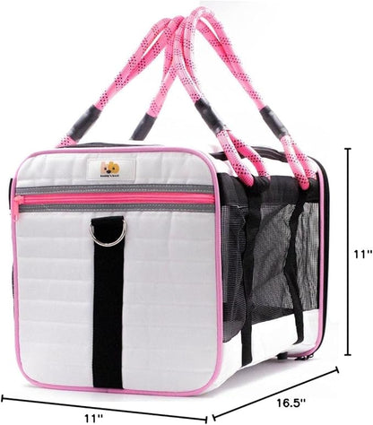 Buddy's Best Airline Approved Pet Carrier – White & Pink Heavy Duty, Fits Under Seat, TSA Compliant, Ventilated Mesh Design w/Waterproof Base & Reflective Safety Strips