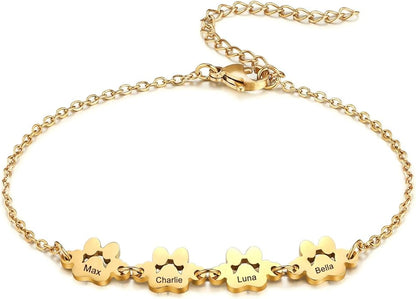 MeMeDIY Personalized Paw Print Bracelet for Women Engraved 1-5 Names Dog Cat Pet Paw Bracelet Adjustable Chain Dog Jewelry Memorial Gifts for Pet Lovers