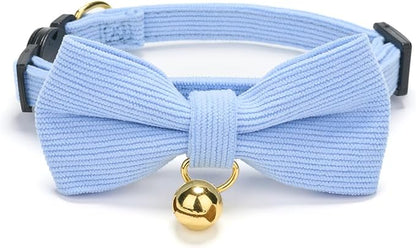 2 Pack Soft Corduroy Cat Collars with Bow Tie & Bell Adjustable Breakaway Bowtie Kitten Collar for Girl Boy Kittens(Blue & Pink)