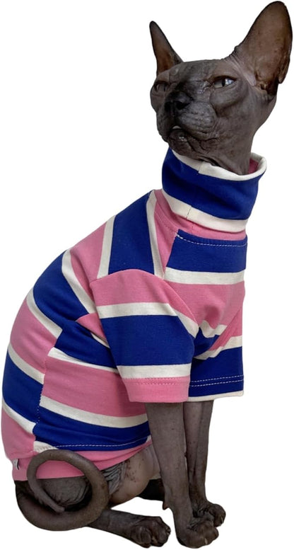 Vintage Stripes Sphynx Hairless Cats Shirt Cotton Cat Turtleneck Pet Clothes Kitten T-Shirts with Sleeves for Sphynx Cats (Wide Pink Blue Stripe, XX-Large)