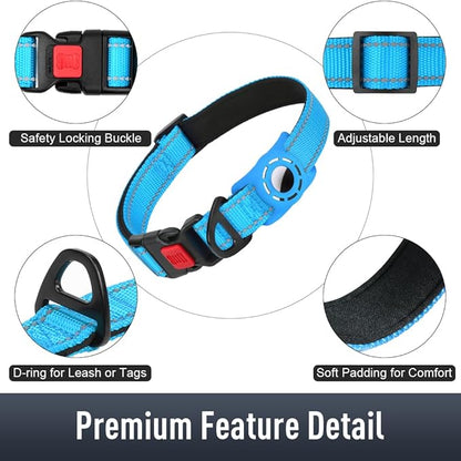 Airtag Dog Collar with AirTag Holder for Large Dogs, Reflective, Soft Padded & Safety Locking Buckle, Nylon Pet Collars Adjustable for All Breeds, SkyBlue,L