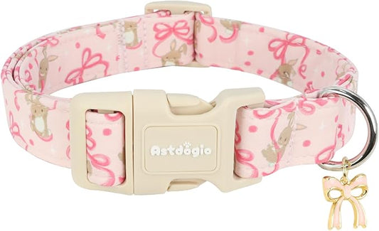 Easter Dog Collar, Spring Pink Dog Collar with Pink Bow & Rabbit, Adjustable Cotton Puppy Collars Girl Boy Collar for Small Medium Large Dogs -XS