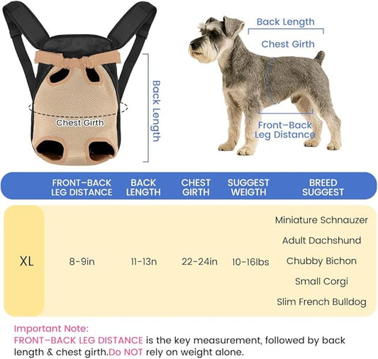 Dog Backpack Carrier, Pet Sling Front Backpack for Small Medium Dogs 10-16 Lbs, Legs Out, Adjustable Wearable Puppy Chest Travel Bag, Thick Straps & Cushion, Easy-Fit for Hiking/Walking/Camping