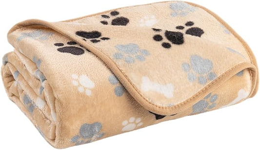 Dog Blanket Paw Bone Pattern 1 Pack 1 Super Soft Warm Flannel Sofa Cover Car Bed Protector, Urine Proof Washable Outdoor Pet Blanket for Puppy Large Dogs & Cats,80"*60" Beige