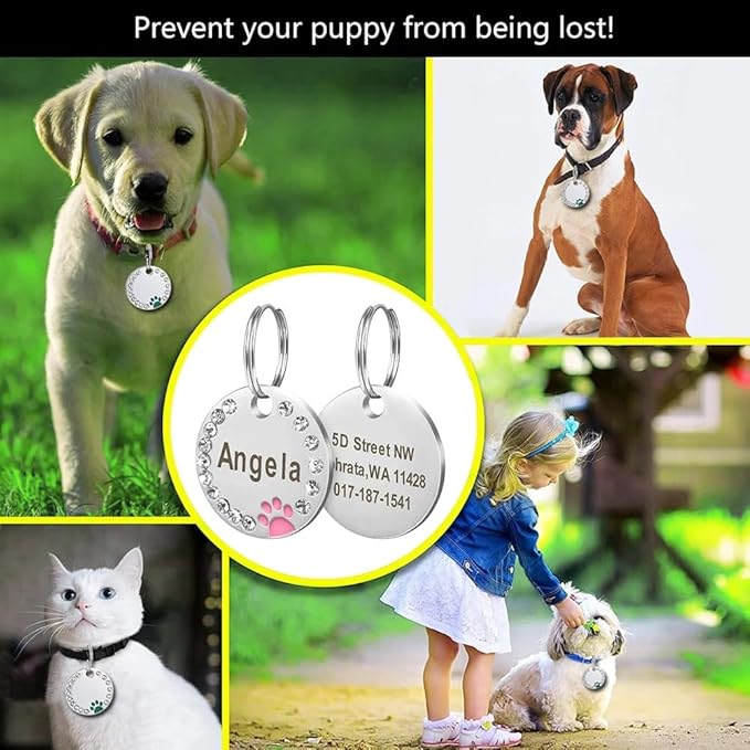 Personalized Dog/Cat Cute Paw Pet ID Tag for Pet Collar or Key Chain - Custom Laser Engraved Unique Dog/cat Name tag with Phone Number (Green, Crystals Round-Small)
