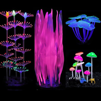 Lpraer 4 Pack Glow Aquarium Decorations Branch Coral Reef Mushroom Seaweed Simulation Glow Plant Glowing Effect Silicone for Fish Tank Decorations