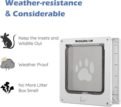 Wordcam X-Large Cat Door, Cat Door for Interior Exterior Doors, 4 Way Locking Pet Door for Cat Up to 25lbs, Cat Flap Privacy Door for Kitten Doggies, Easy Installation, Weatherproof (White, XL)