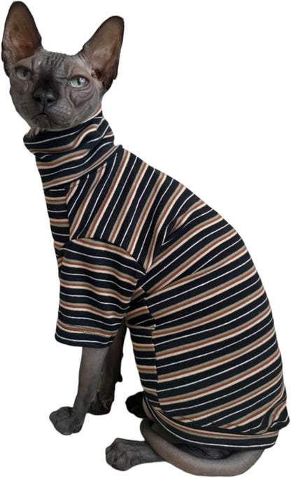 Vintage Stripes Sphynx Hairless Cats Shirt Cotton Cat Turtleneck Pet Clothes Kitten T-Shirts with Sleeves for Sphynx Cats (Vintage Black, Medium)