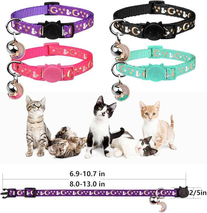 4PCS Cat Collar with Bells,Breakaway Cat Collars,Kitten Collar with Bell Moons Stars Cute Kitty Safe with Pendant,Cat Collars for Girl Cats 6.9-10.7 Inch(Black&Purple&Pink&Teal)