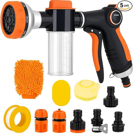 Dog Wash Hose, 8 Way Spray Pattern Garden Hose Nozzle with Soap Dispenser, Dog Wash Supplies with 2 type Dog Bath Brush, 4 extra connectors, Car Washing Mitt
