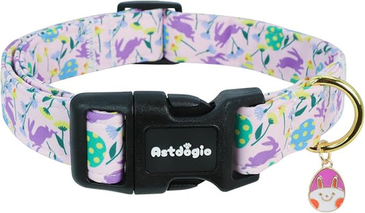 Easter Dog Collar, Spring Easter Egg Print Dog Collar with Purple Rabbit, Adjustable Cotton Puppy Collars Girl Boy Collar for Small Medium Large Dogs -M