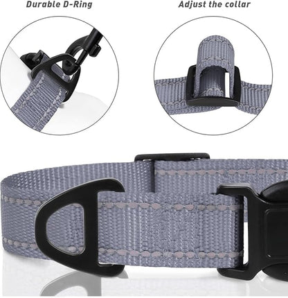 TagME Reflective Nylon Dog Collars, Adjustable Classic Pet Collar with Quick Release Buckle for Large Dogs, Grey, 1.0" Width
