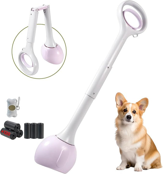 Dog Pooper Scooper Portable with Bag Attachment, One Handed Foldable Design, Includes 120 Waste Bags and Dispenser, 28 Inch Handle for Grass Yard Gravel Cleanup (Purple)