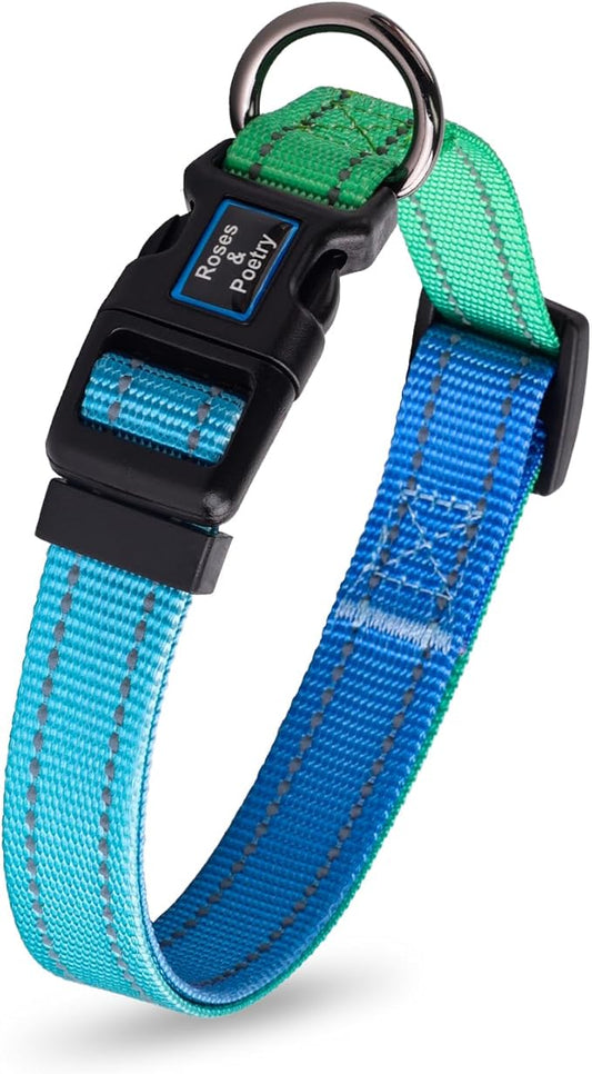 Roses&Poetry Large Dog Collar, Adjustable Reflective Durable Pet Collars for Small Medium Large Dogs (Bluegreen-L)