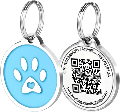 Pet Dwelling QR Code Pet ID Tag – Smart Dog & Cat ID Tags for Pet Safety, Free Personalized Online Profile, Instant Scan Alerts, AI Insights (Summer Blue Paw)