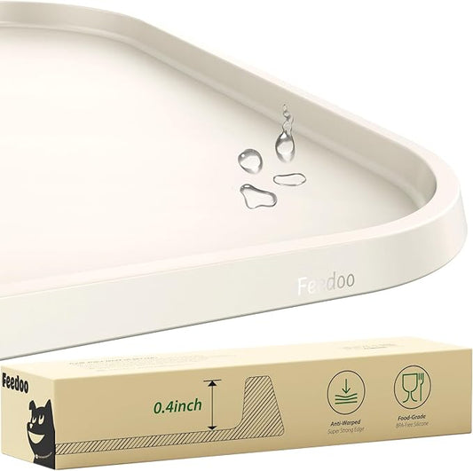 Pet Feeding Mat [Warped Resistant Raised Edge], Water-Proof Silicone Placement for Food Water Bowls, Anti-Slip Base Protect Floor, BPA-Free&Dishwasher-Safe [23.5x13.5inch Large, White Sand]