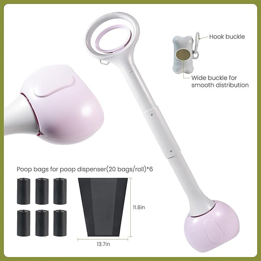 Dog Pooper Scooper Portable with Bag Attachment, One Handed Foldable Design, Includes 120 Waste Bags and Dispenser, 28 Inch Handle for Grass Yard Gravel Cleanup (Purple)