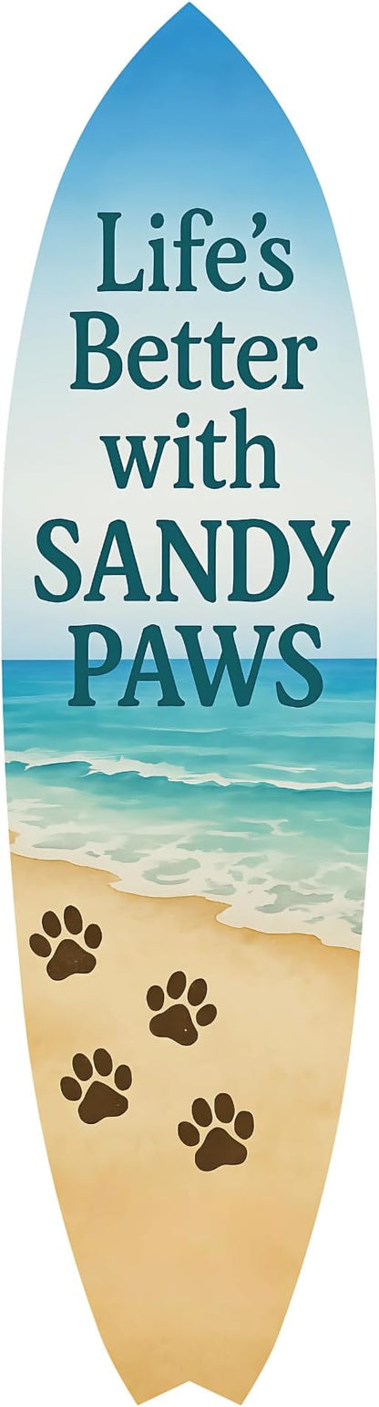 JennyGems Outdoor Decorative Surfboard Wall Art, Pet Wall Decor for Porch, Pool, Fence, PVC Beach House Decoration, Life's Better Sandy Paws, 4 foot