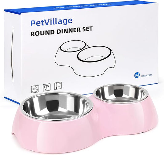 Double Dog Bowls Set – Non-Slip Pet Food & Water Dishes with Resin Stand, Includes Small (1 Cup) & Medium (2 Cups) Bowls – Ideal for Puppies and Cats– Pink
