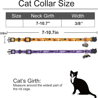 Halloween Cat Collar, Cotton 2 Pack Cat Collar with Bells, Breakaway Collars for Girl Boy Cats Kittens, Halloween Purple