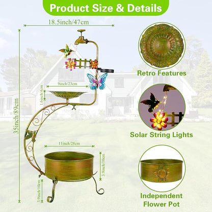 VEWOGARDEN Bird Bath for Outside, Solar Metal Outdoor Standing Birdbath with Flower Planter for Garden, Yard, Patio Decor, Green