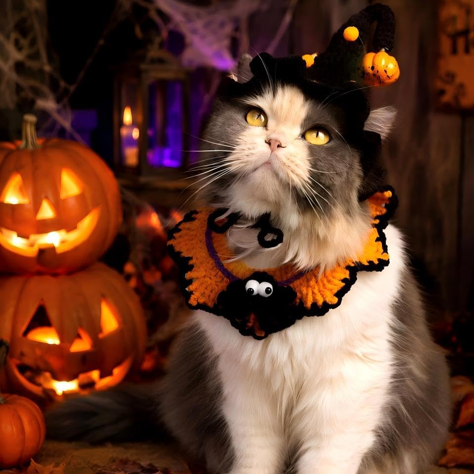 Halloween Pet Costume, Spider & Black Witch Hat for Cats and Small Sized Dogs, Hand-Knit Festive Halloween-Themed Cat Apparel, Dog Halloween Costumes, Cat Witch Costume - Image 2