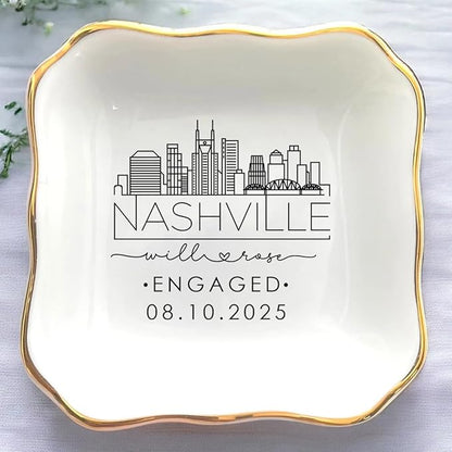 Custom City Skyline Engaged Ring Dish, Engagement Ring Holder, Custom Wedding Jewelry Dish, Jewelry Tray Gifts for Newly Engaged Couple, Trinket Dish Gift for Her Bride Wife