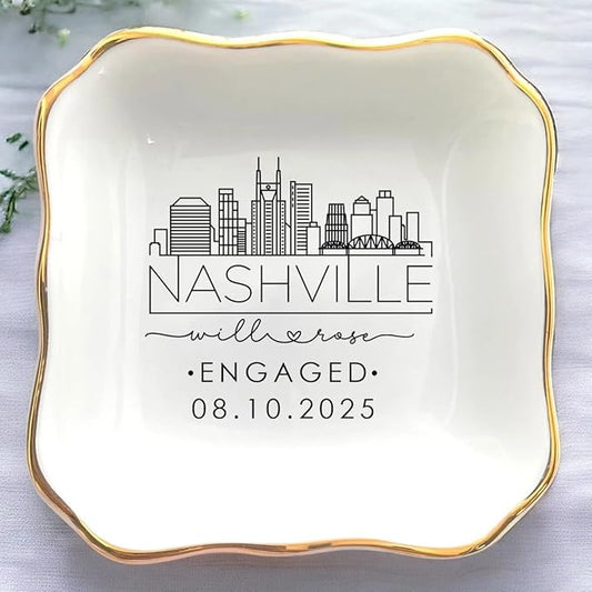 Custom City Skyline Engaged Ring Dish, Engagement Ring Holder, Custom Wedding Jewelry Dish, Jewelry Tray Gifts for Newly Engaged Couple, Trinket Dish Gift for Her Bride Wife