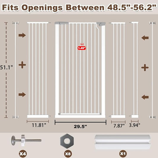Fairy Baby 51.18" Extra Tall Pet Gate for Doorways, 48.5"-56.2" Extra Wide Long Baby Gate for Stairs, Metal Pressure-Mounted Walk-Through Dog Gate, Auto Close Safety Child Gate Indoor Use, White