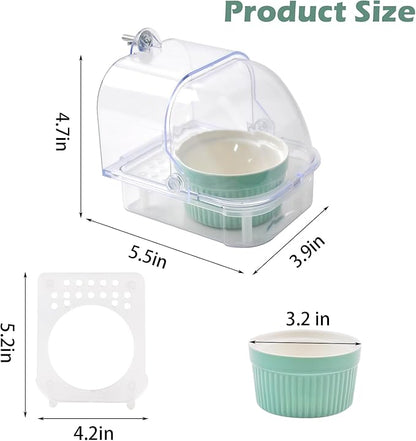 Bird Cage Feeder with Ceramic Bowl,2 in 1 No Mess Bird Feeder and Transparent Parakeet Bathtub with Bottom Drawer Hanging Tube Shower Box for Birds Budgies Parakeet Small Parrot Cockatiels