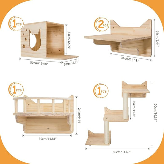 Cat Wall Shelves for Large Cats – Pine Cat Wall Furniture 9-Piece Climber Set with House, Ladder & Scratching Posts, Space-Saving, Sturdy, Supports Multiple Cats