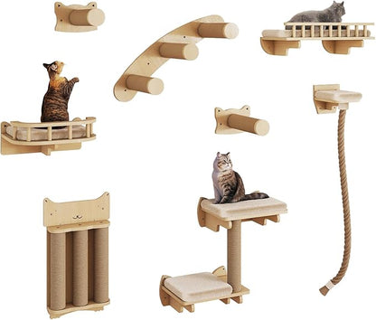 BYBYME Cat Climbing Wall Set Made of Natural Wood, 8 Pcs Sturdy Furniture with Scratching Posts, Kitten Platform, 100CM Sisal Rope and Cat Bed for Cats Sleeping, Playing, and Lounging（Natural Wood）