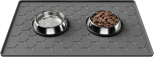 Pieviev 24''x16'' Dog Cat Food Bowl Mat, Silicone Waterproof Food Grade Pet Food Mat for Floor, High Raised Edge to Prevent Spills, Non-Slip & Easy Clean Pet Placemat for Dog & Cat Bowls, Dark Gray