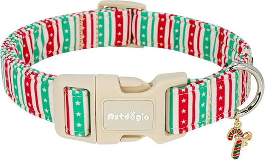 Polyester Collar for Dog, Adjustable Christmas Dog Collar for Extra Medium Dogs, Cute Dog Collar with Green & Red Stripe for Small Medium Large Dogs, Perfect for Girl or Boy Dog Collar-M