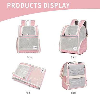 Cat Backpack Carrier for Small Dogs and Medium cat Puppy Kitten Bunny Pet Carrier Backpack Collapsible with Fully Ventilated Mesh with Safety Leash (Pink, 12.9" L x 10.62" W x 15.5" H - M)