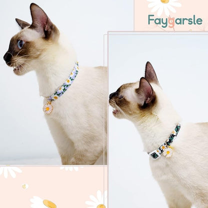 2 Pack Cotton Breakaway Cat Collars with Bell Daisy Pendant Kitty Kitten Collars Black Blue Collar for Female Girl Cats Male Boy Cats